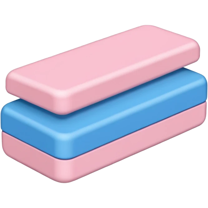 classic dual-color eraser with one half in soft pink and the other in blue, slightly beveled at the ends, matte texture, lightly rounded corners, used but clean surface, no branding, pencil, or paper, soft lighting, subtle shadows, emoji scale emoji
