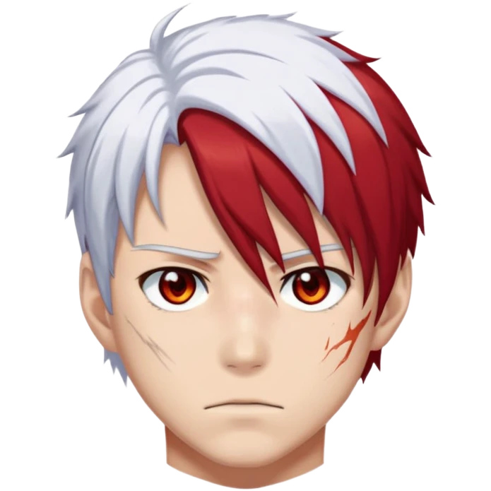 Shoto Todoroki face only, left side white hair, right side red hair, heterochromatic eyes, burn scar on left side of face, serious expression emoji