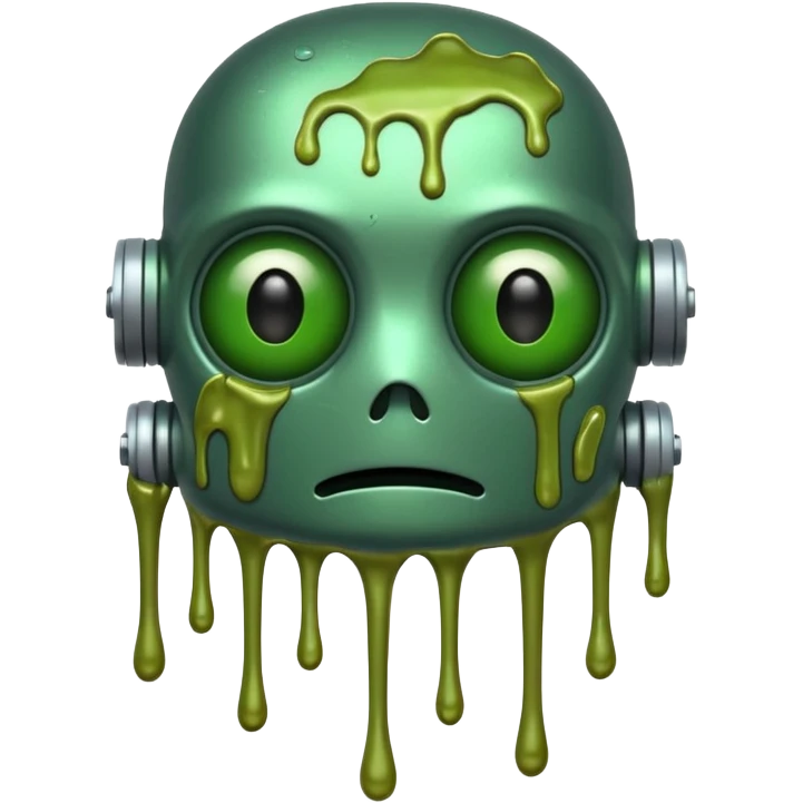 make a tired old melting robot emoji, covered in green sludge, 2d, make the eyes melting and gross emoji