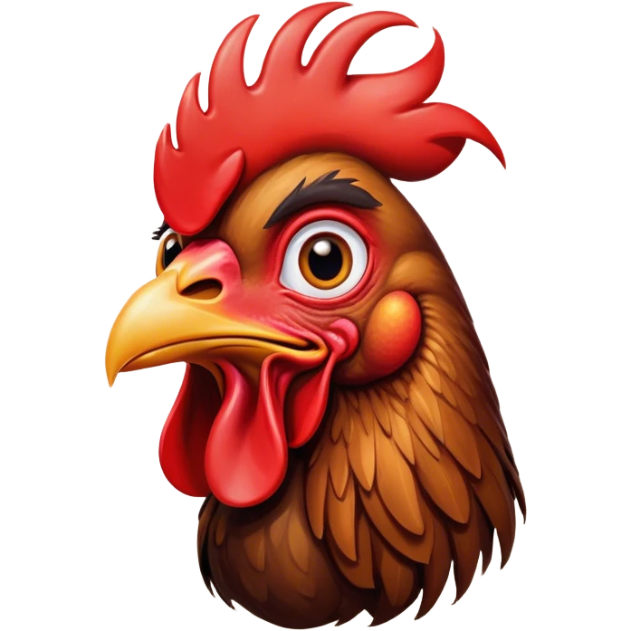 Cinematic Comical Brown Rooster Portrait Emoji, Head tilted dramatically with an exaggeratedly amused expression, featuring a striking, glossy brown plumage with a bold red comb, wide, expressive warm eyes filled with playful disbelief, Simplified yet hilariously expressive features, highly detailed, glowing with a slightly sassy glow, high shine, dramatic yet playful, stylized with an air of cheeky mischief, bright and endearing, soft glowing outline, capturing the essence of a spirited and over-the-top rooster, so meme-worthy it feels like it could crow its way into internet fame instantly! emoji