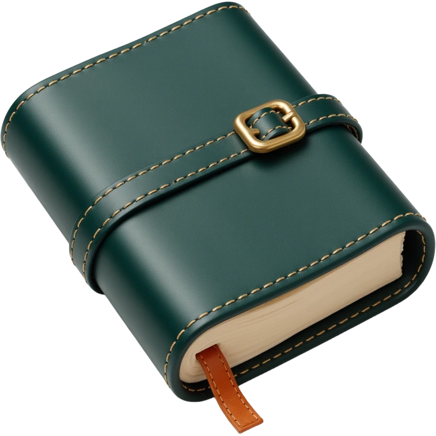 leather-textured notebook icon in skeuomorphism style with stitching details and realistic shading, dark green leather cover emoji