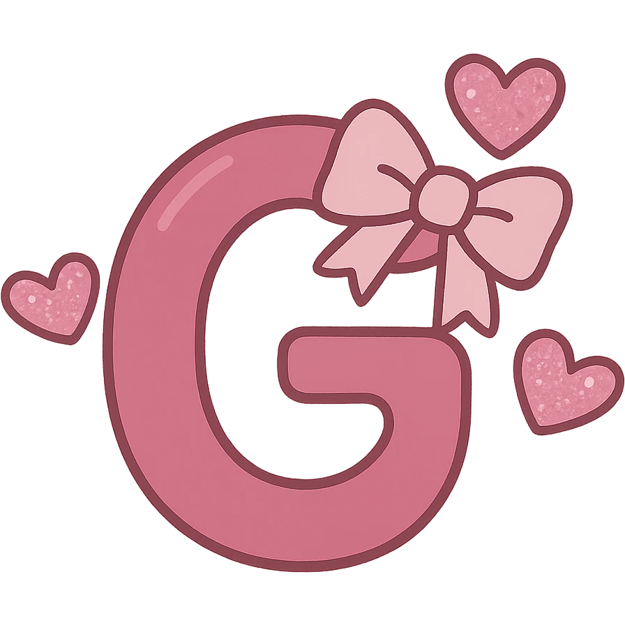 flat-toon style dark pink letter G with a light pink bow and floating glittery pink hearts emoji