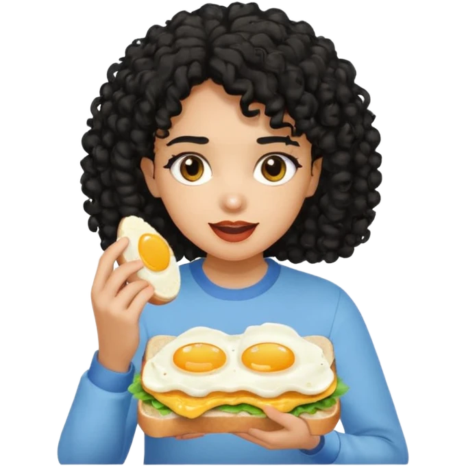 Girl with black curly hair eating egg sandwich emoji