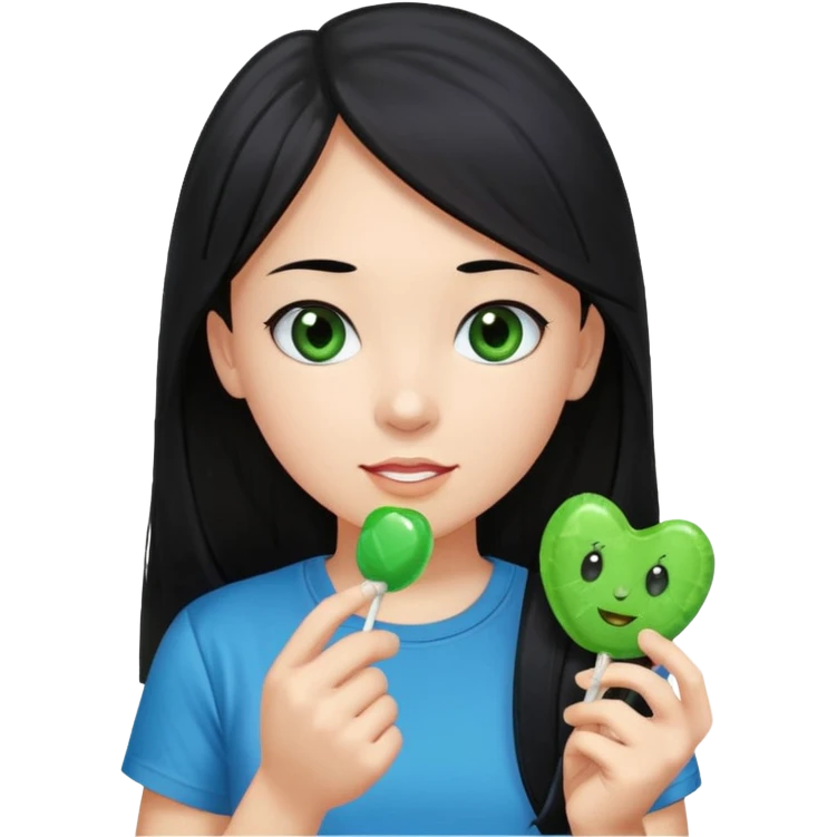 A girl with long black hair and black eyes wearing a blue t-shirt holding a piece of green hard candy in one hand and a green candy wrapper showing a guava on it in the other hand emoji