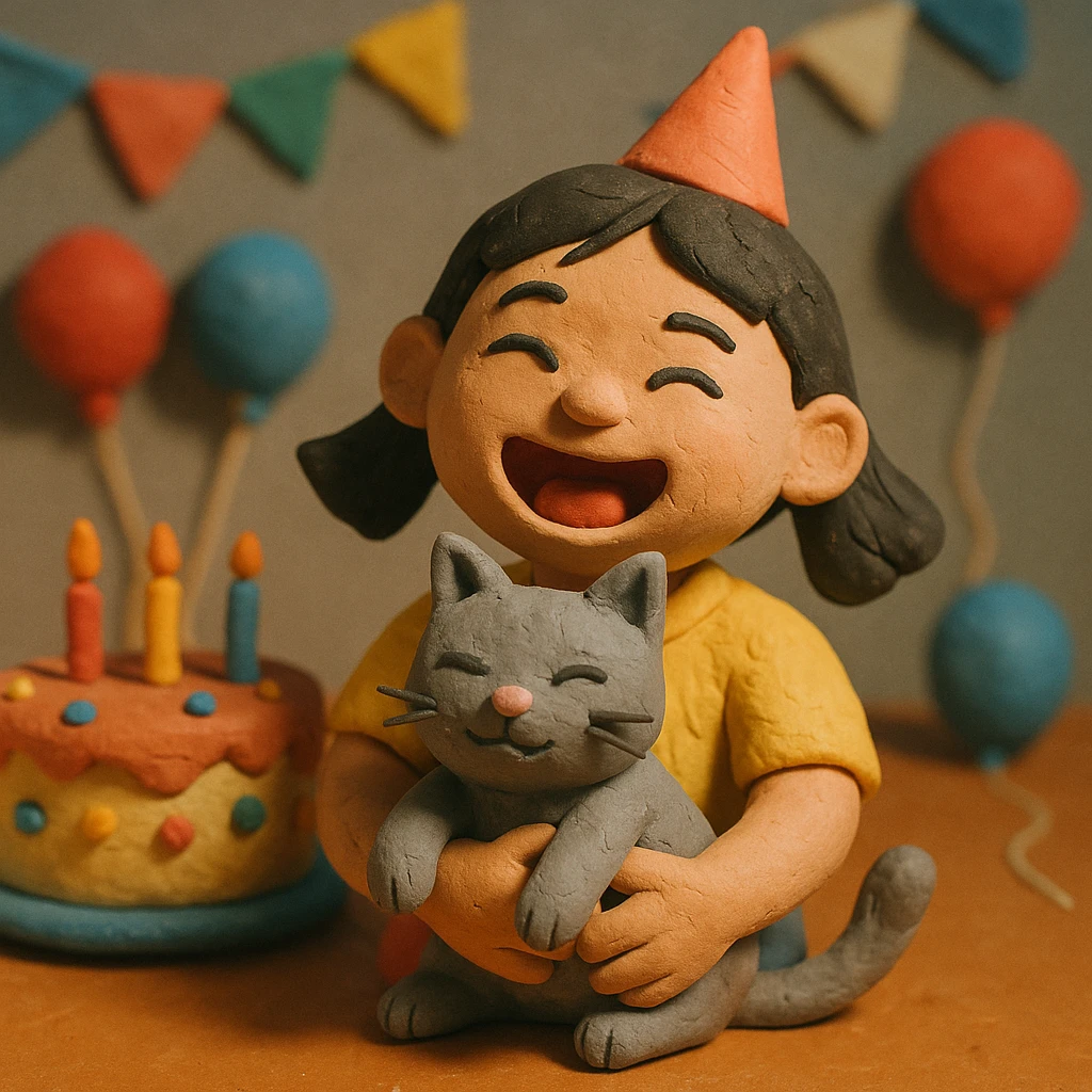 asian girl laughing, holding a grey cat, birthday party, claymation style emoji