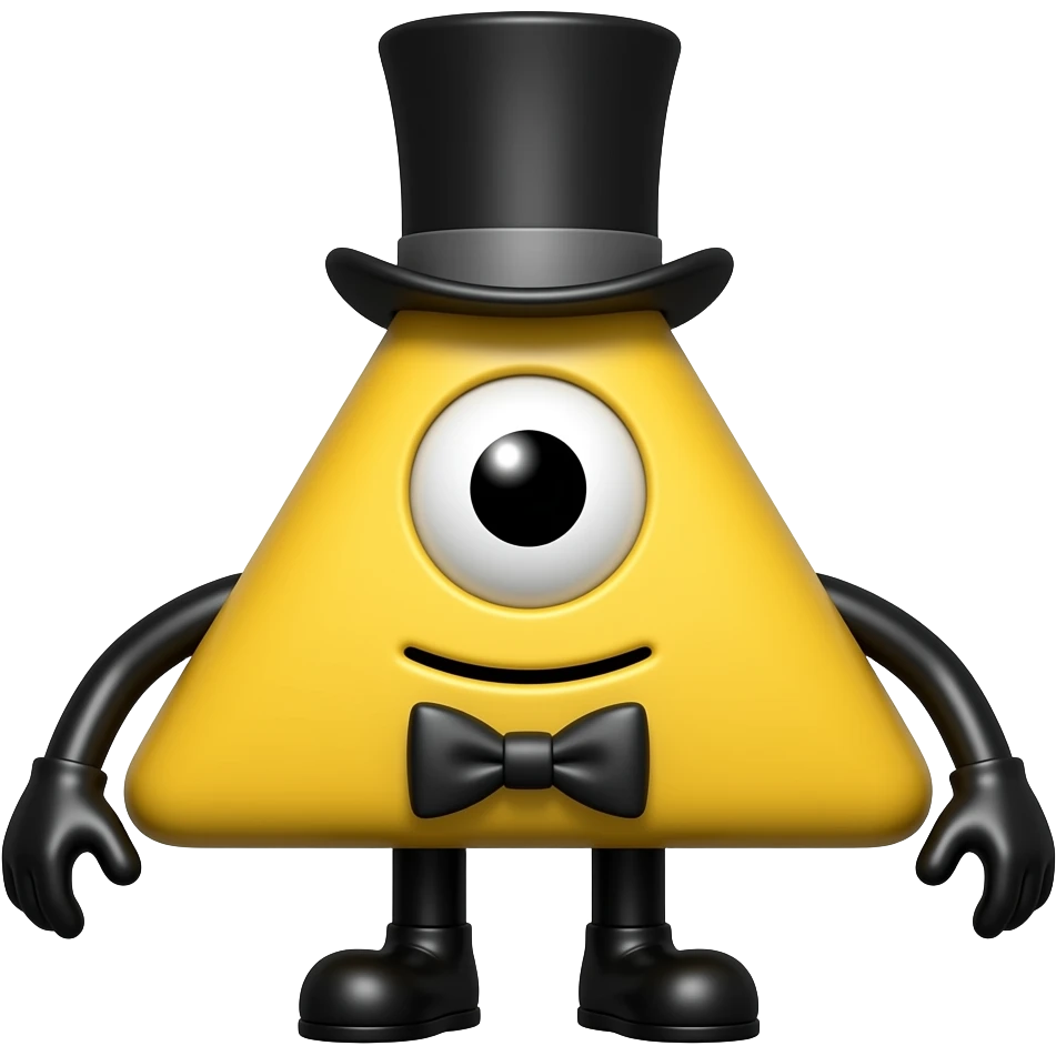 A yellow triangle with NO MOUTH no mouth, an eye, bow tie, little pitch black arms, little pitch black legs and a top hat that looks like an upside down T emoji