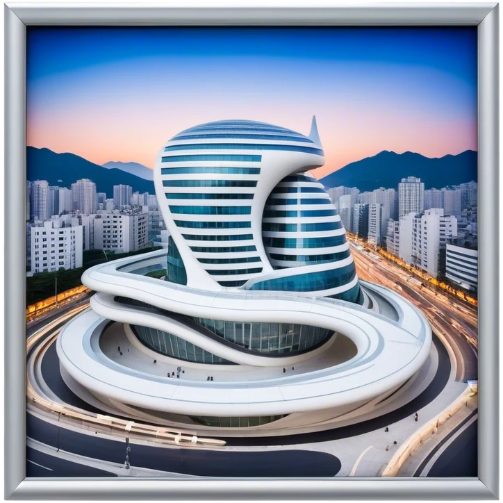 Realistic Dongdaemun Design Plaza (DDP) Landmark Emoji, featuring the iconic curving silver structure with futuristic architecture, illuminated pathways, and a sleek modern design set against the Seoul cityscape. emoji