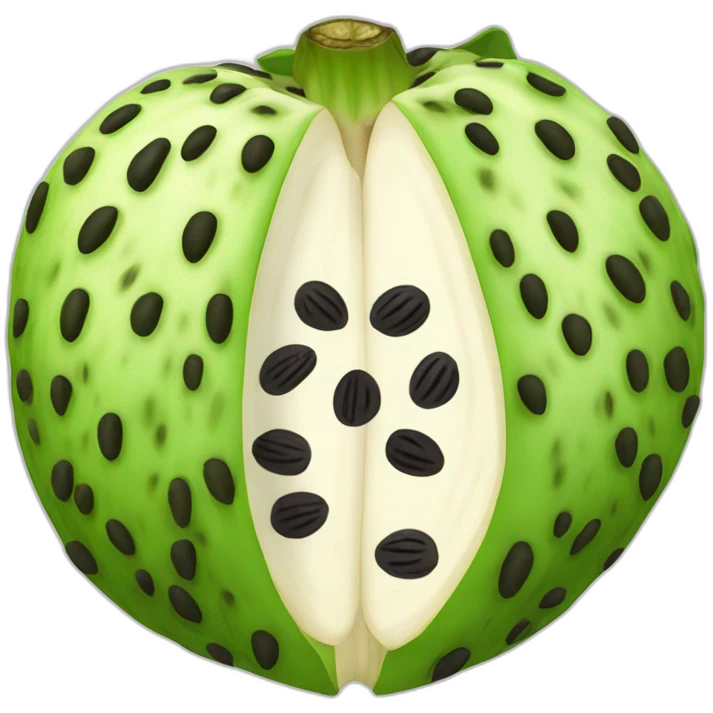 open cherimoya showing the white inside and black seeds emoji