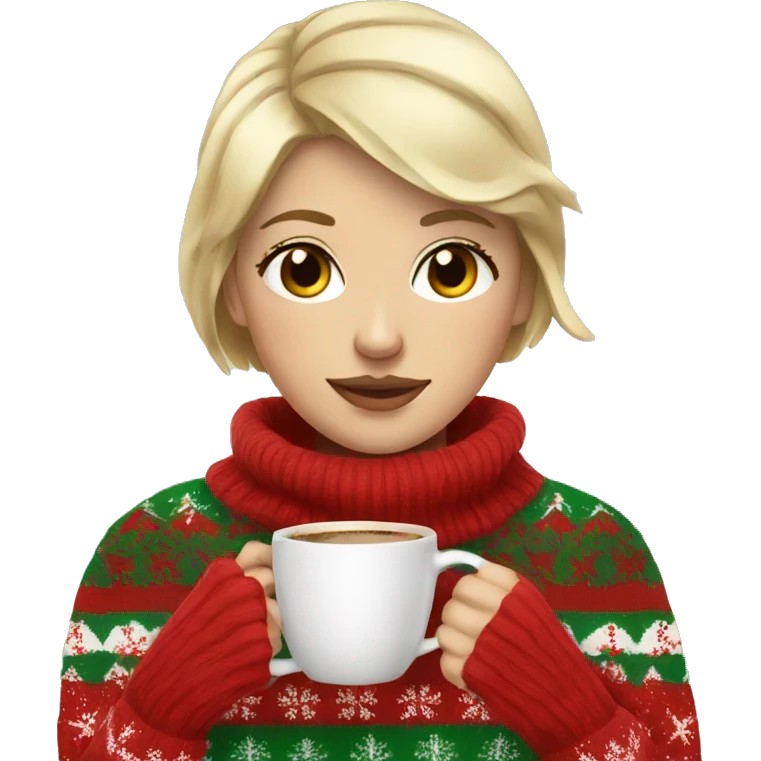 Short haired blonde girl drinking coffee wearing Christmas sweater emoji