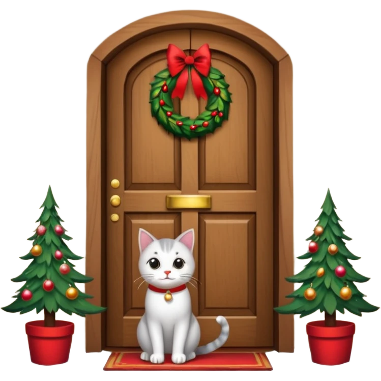 A door with a cat in front of it with h christmas elements on the door emoji