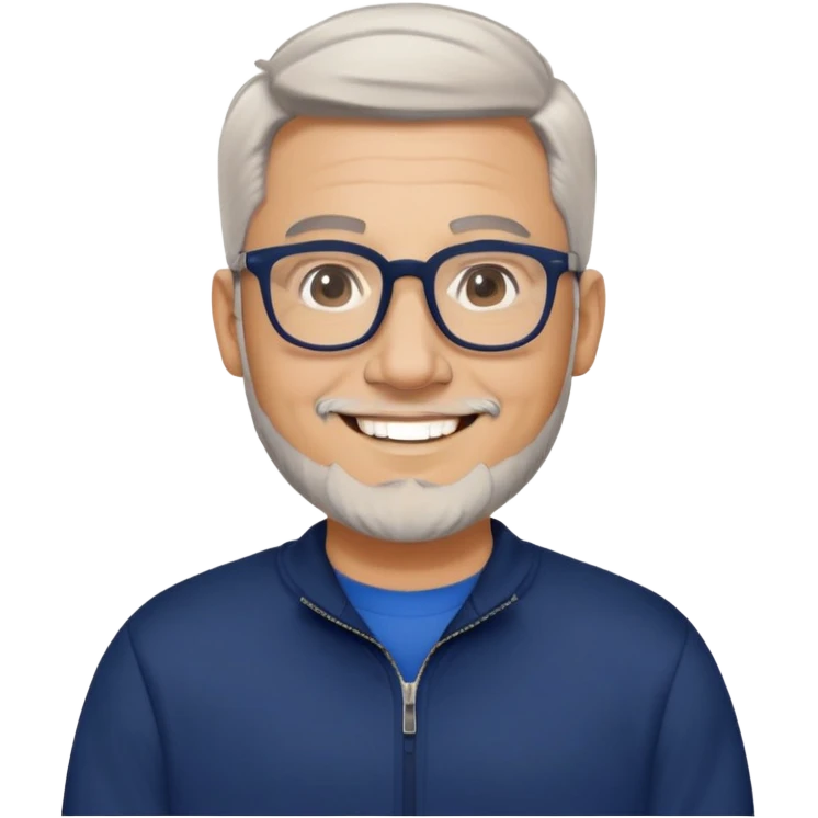 Light-skinned wider-built man with oval face, very close-cut hair (shorter on top, skin fade), short graying beard, big black glasses frames, happy smile, navy blue zip-up sweatshirt with long sleeves emoji