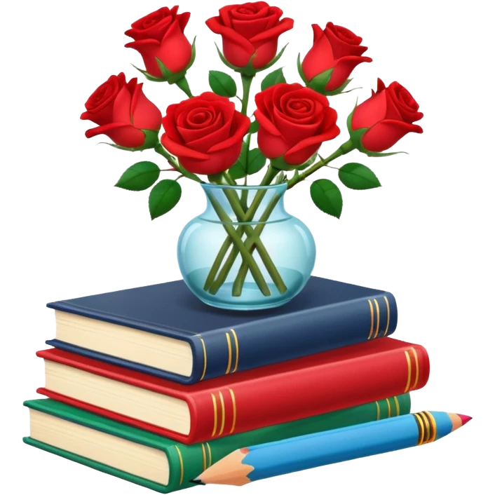 Five colorful books are stacked, along with a pencil holder full of crayons and a vase full of roses. The illustration style is cartoon. emoji
