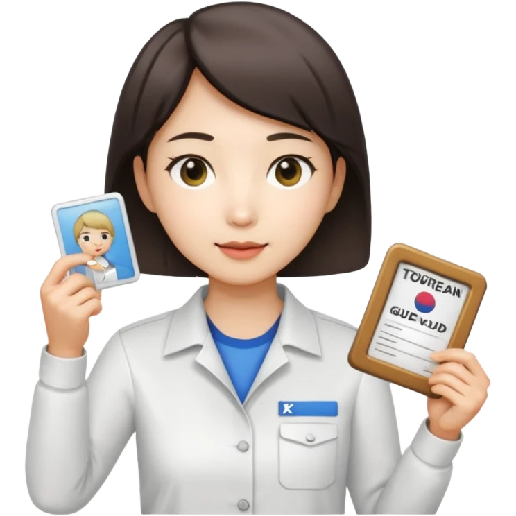 A Korean short-haired female tour guide is wearing a white shirt, holding her Korean tour guide license in her left hand, which is a horizontal card. emoji