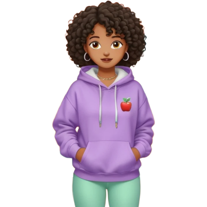 Black girl, clean girl aesthetic, 4C curly hair in a puff, pastel hoodie, white sneakers, minimal jewelry, soft smile, cozy vibe, bright colors, Apple-style café da manhã  emoji