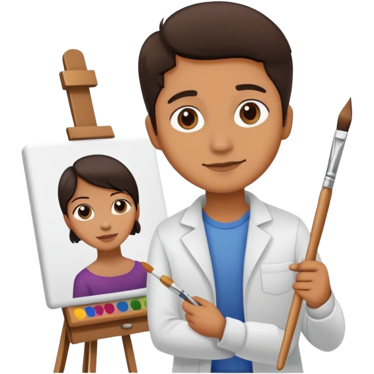 Artist with a paintbrush in front of an easel with a painting emoji