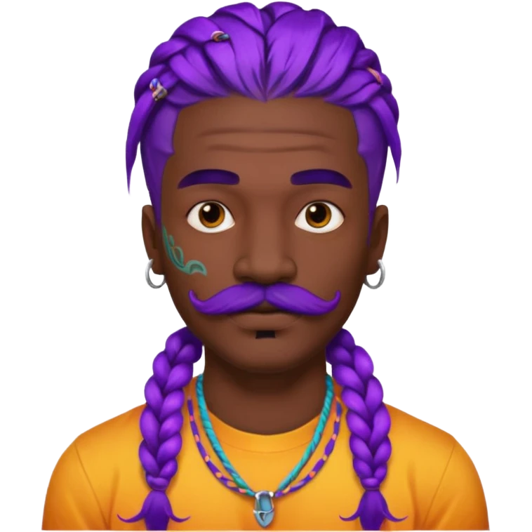 big lose braids starting from the top of the head man with mustache face wiith big visible loose only two braids and lots and lots of colored face tattoos colored tattoos like a tattoo artist hair unique color emoji