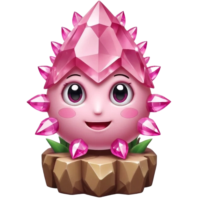 A single cute pink crystal cluster character, chunky round base with many tall rose-pink crystal spikes growing upward like a quartz cluster, faceted and slightly imperfect, on the front of the base a kawaii face with big shiny eyes and a happy open smile very shiny emoji