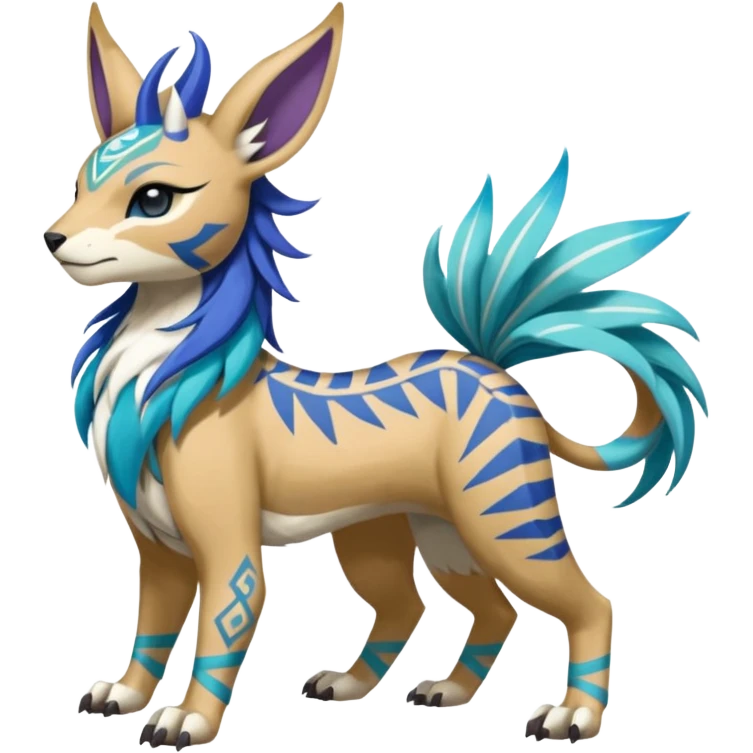 Tropical Tiny Marked Patterned Tribal Colorful Skilled Adept Graceful Asian Painted WereGarurumon-Suicune-Linoone-Meloetta-fusion-hybrid-creature (full body) emoji