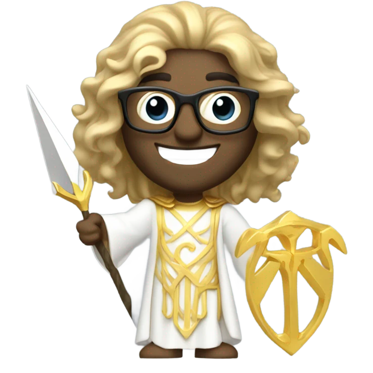 white Poseidon with gold Trident and nerd glasses. long hair white dress. smile . wink. profil position pointing  emoji