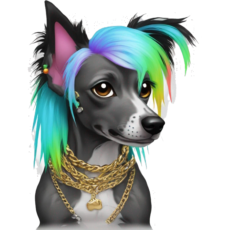 Punk Chinese crested dog neon rainbow hair gold chain punk piercings tattoos punk ear piercings emoji