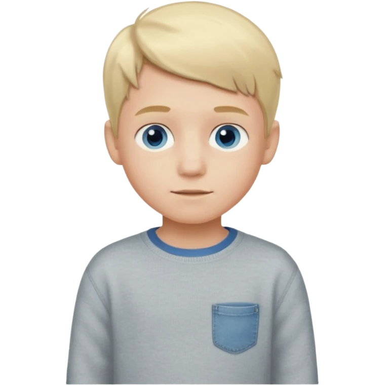 A 9 year old boy with blonde hair and blue eyes wearing grey jean shorts and cream jumper emoji