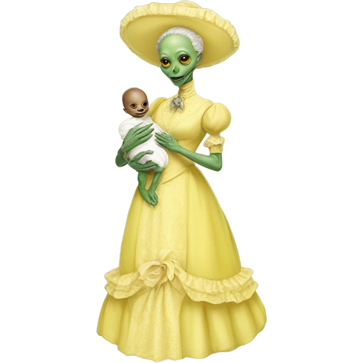 Reptilian alien woman, full body, in victorian jellow elegant dress, holds a newborn white humman baby emoji