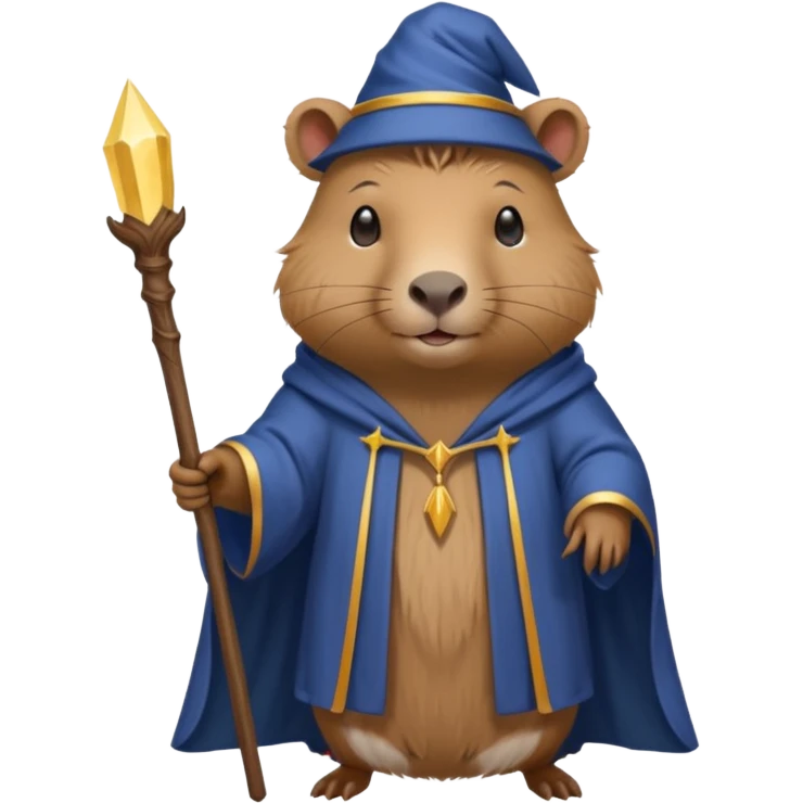 A mystical queen Capybara wearing a wizard robe and a wand emoji