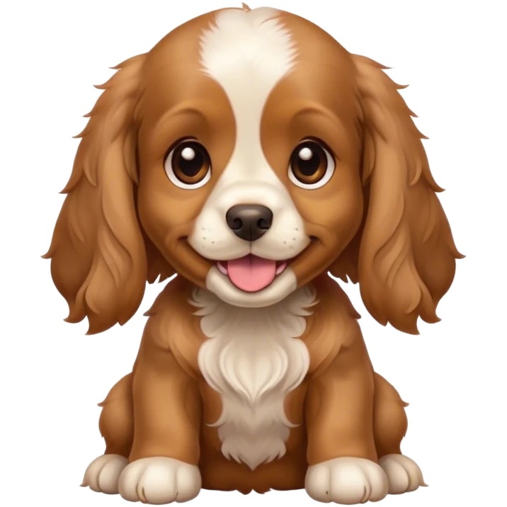 A cute baby cocker spaniel dog, with brown ears and back, and golden face and chest, with a very happy face emoji