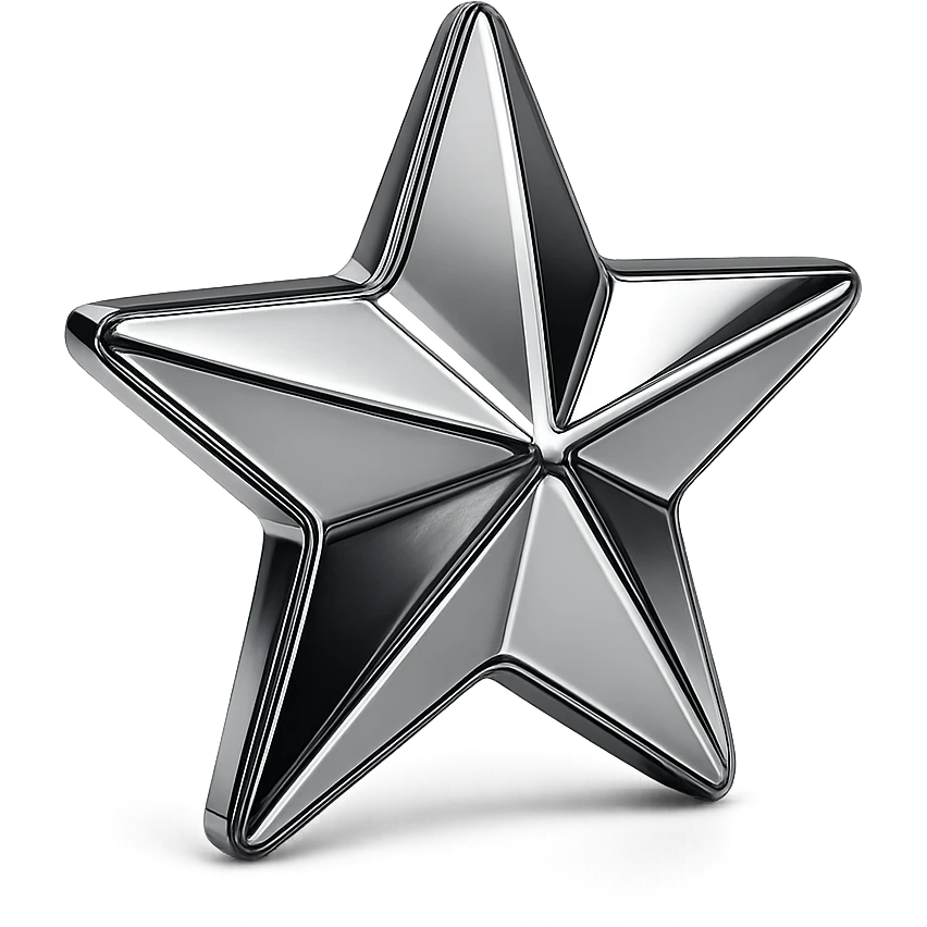 silver star icon, metallic, reflective chrome style emoji