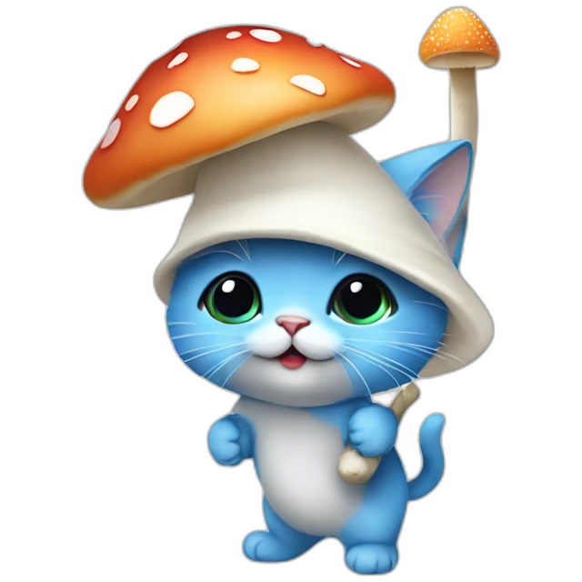 Blue skinned kitten with a white mushroom hat and white pants and carrying a mushroom on a stick on his back emoji