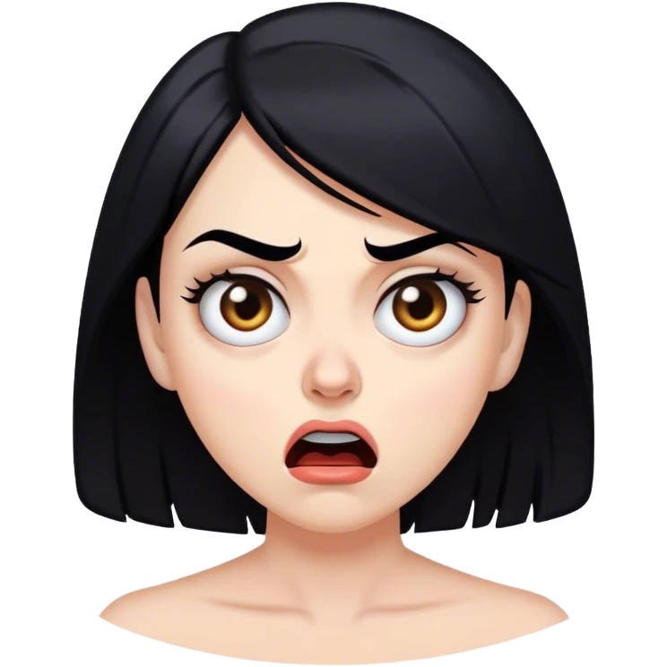 white woman black hair with face of shock, fear, disgust, and a raised eyebrow emoji