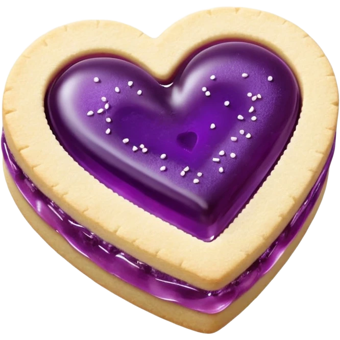 Realistic shortbread cookie in the shape of a heart with violet jelly middle filling and sprinkled powder sugar on top. emoji