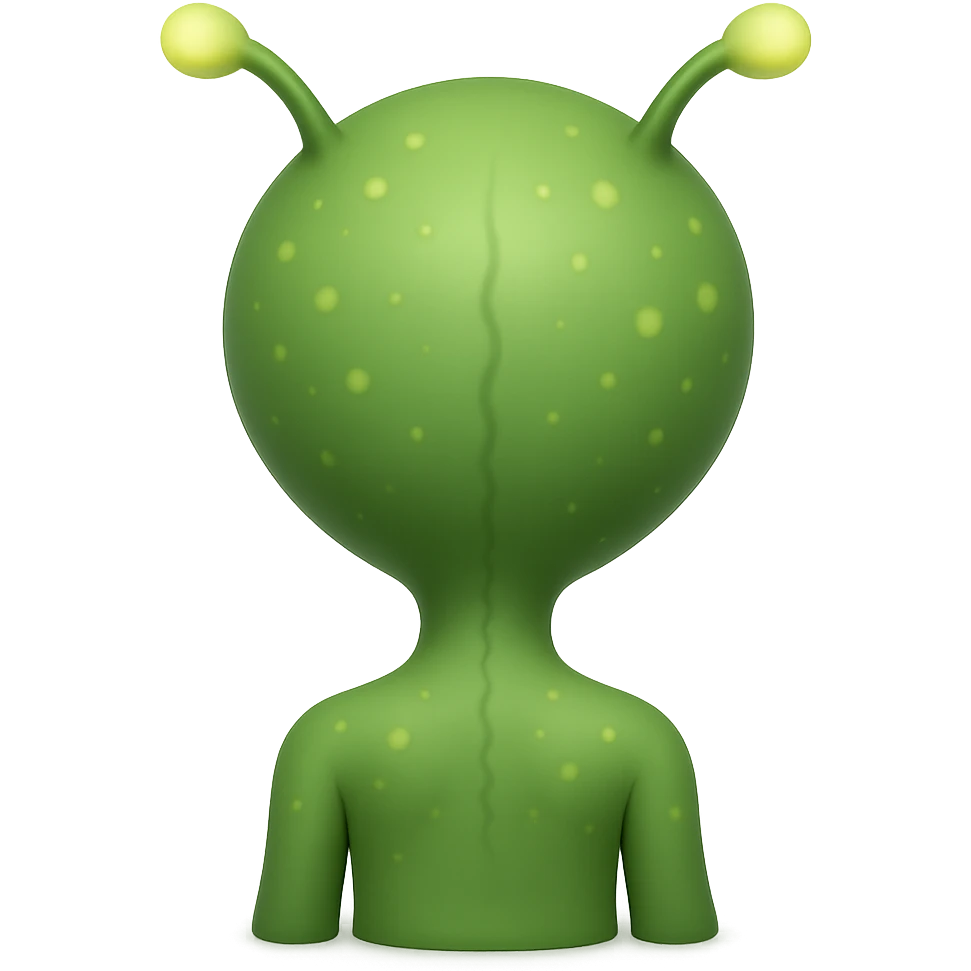Add more details to this rear view alien in emoji style: visible antennae, subtle back ridges, small glowing spots, and a hint of feet, no background. emoji
