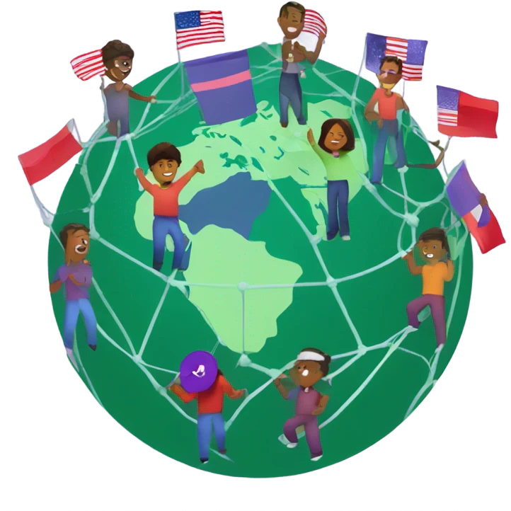 planet which is connected by the net of the internet of a purple colour. planet looks like green and red circle. On the planet there are people with different flags emoji