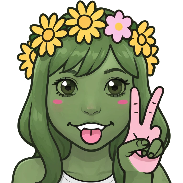 girly character sticking tongue out and showing peace hand sign, meme emoji style, over-the-top playful emoji