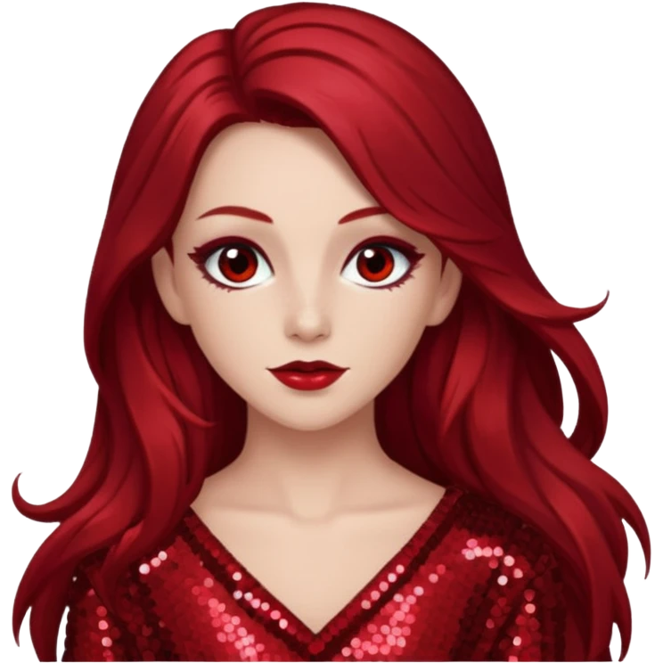 Chappell Roan (b.1998) with long dark red hair, red sequin outfit, makeup emoji