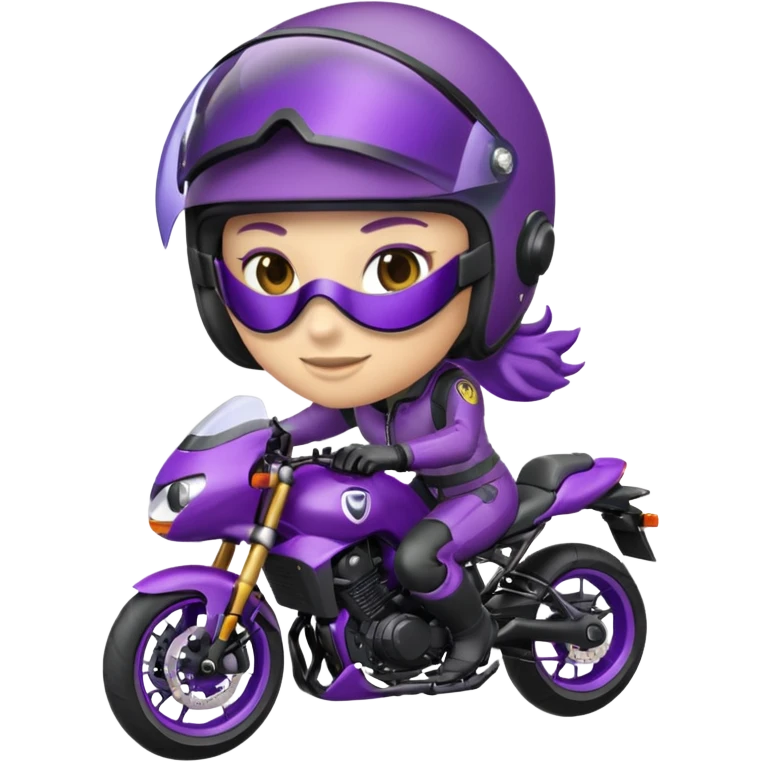 Créer un emoji avec une moto mt07 sport noir mate / violet iridescent très foncé, pare-brise de la moto violet. Avec une femme pilote dessus, visage masqué par la visière violette . Avec en arrière plan cercle violet. emoji