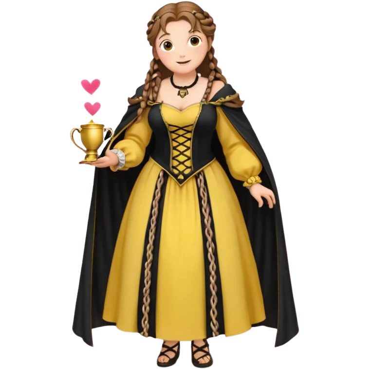 Helga Hufflepuff,brown-haired,2 braids,yellow-black medieval open dress,deep neckline,fat macromastia,black cloak decorated with gold braiding,gold cup with two handles,very kind smile,curvy busty,round rosy cheeks,full length with medieval shoes, inscription in pink heart says:"I love HELGA" emoji