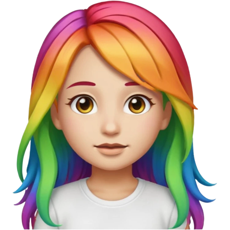 girl emoji with long rainbow hair, she's wearing a white top and has light olive skin  emoji