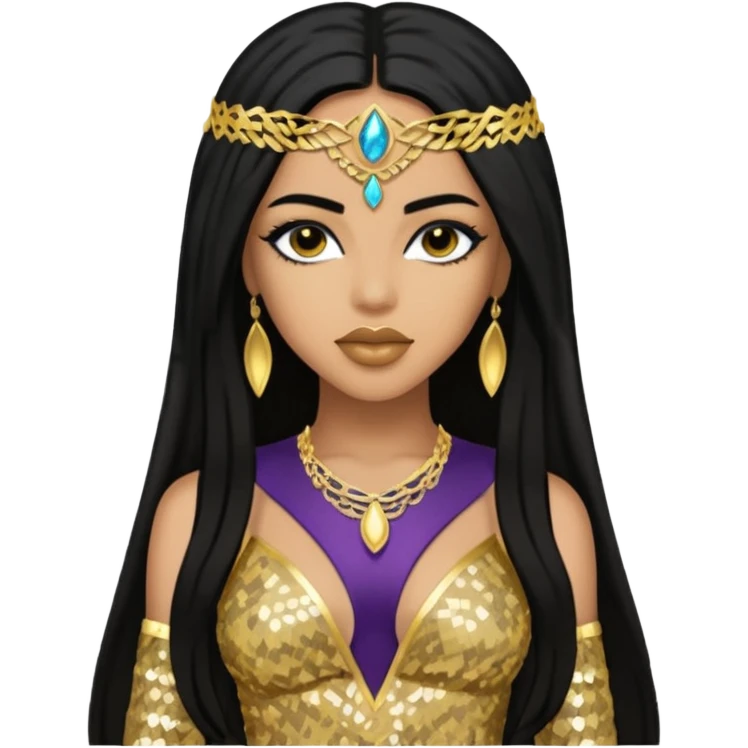 Aaliyah as Akasha with long black hair, gold sequin outfit emoji