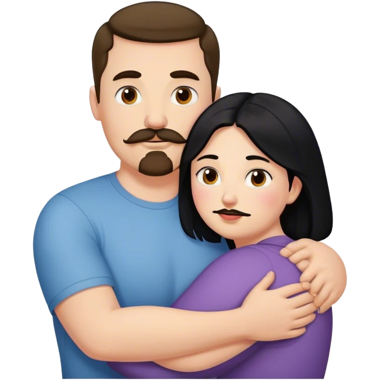 Couple, Tall strong white man with brown mustache goatee hugging a chubby short pale woman with long black hair emoji