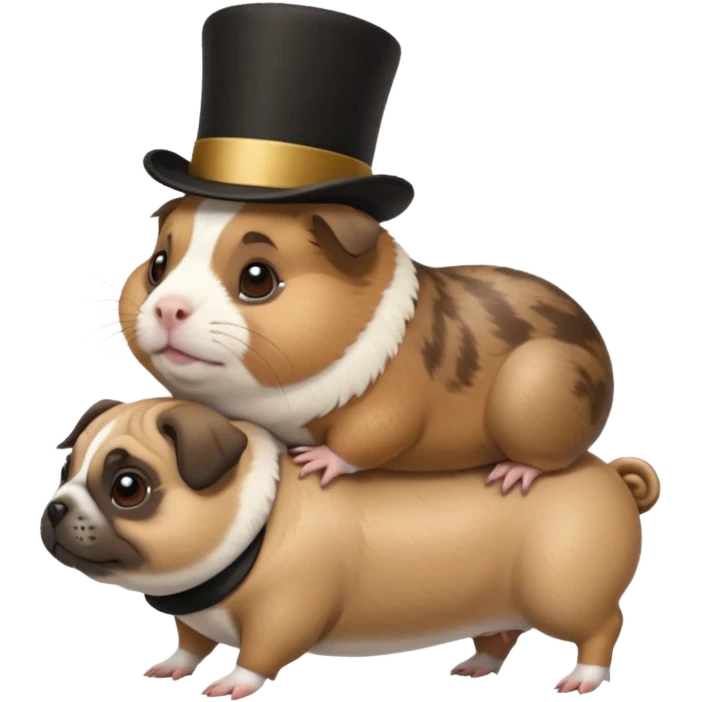 a cute guinea pig wearing a top hat riding on the back of a pug dog emoji