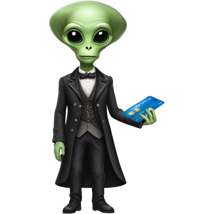 alien galora in Victorian dress elegant, full body, holding big credit card emoji