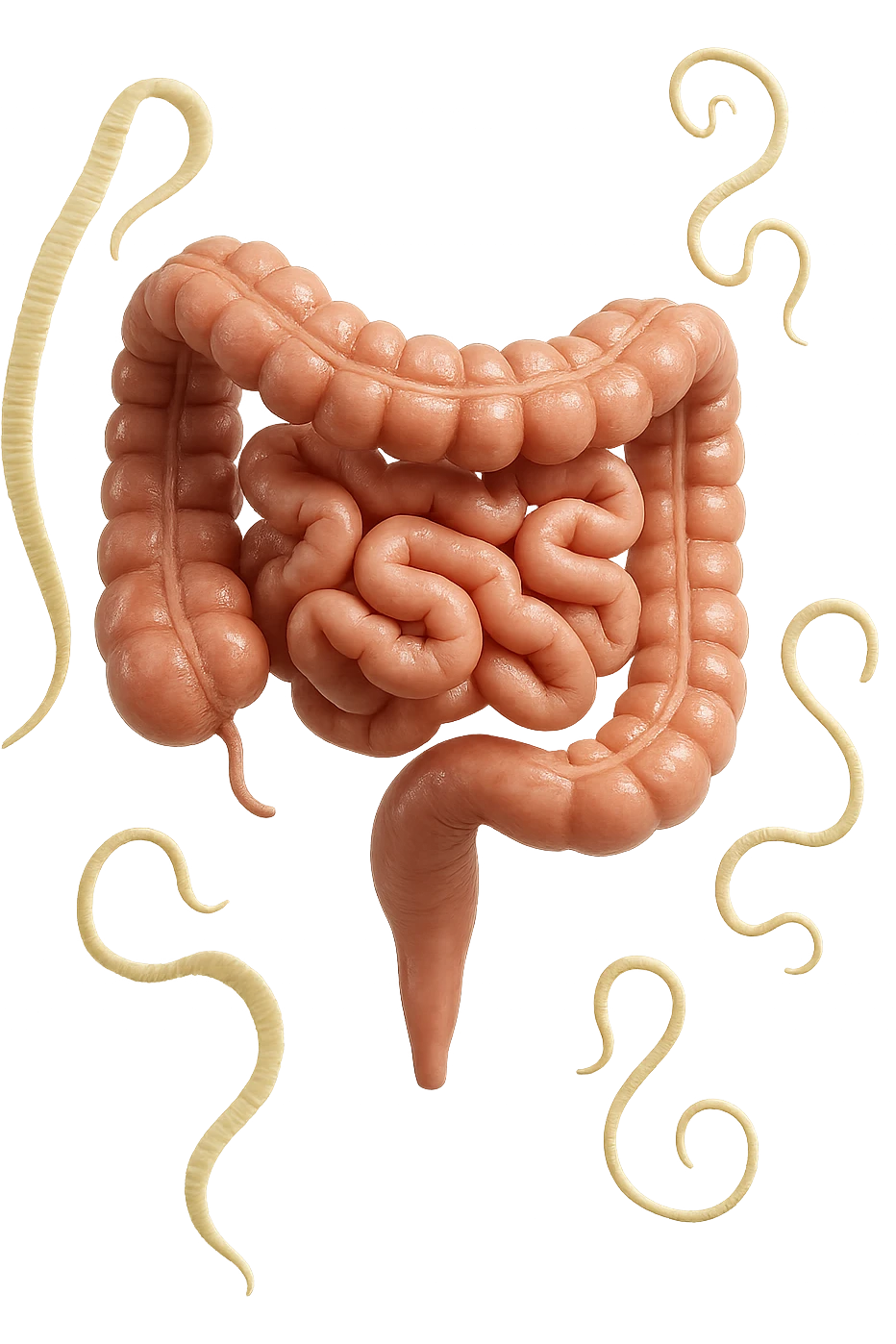 INTESTINO UMANO ANATOMICO REALISTICO FLUTTUA IN ARIA INSIEME A PARASSITI COME LA TENIA, SFONDO CHIARO, iperrealistico 4k emoji