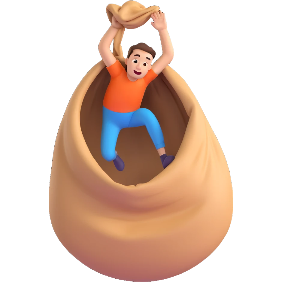 energetic playful man jumping inside of a sack, 3D style emoji