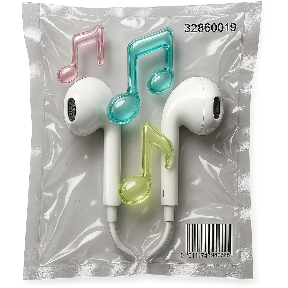 pair of white EarPods with three floating glass music notes in pastel colors, shiny and puffy, vacuum-sealed style emoji