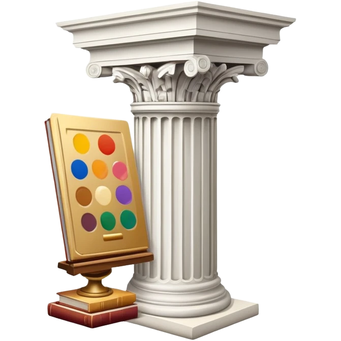 An icon featuring a paint palette, a sculpture, and a book, symbolizing the study of culture and art. The design includes a classical column and a canvas, representing art history and cultural exploration. Transparent background highlights the connection between creativity and history. emoji