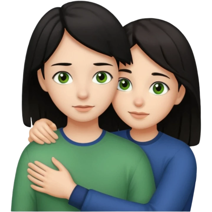 Girl with brown eyes and black hair hugging a boy with green eyes and brown hair emoji
