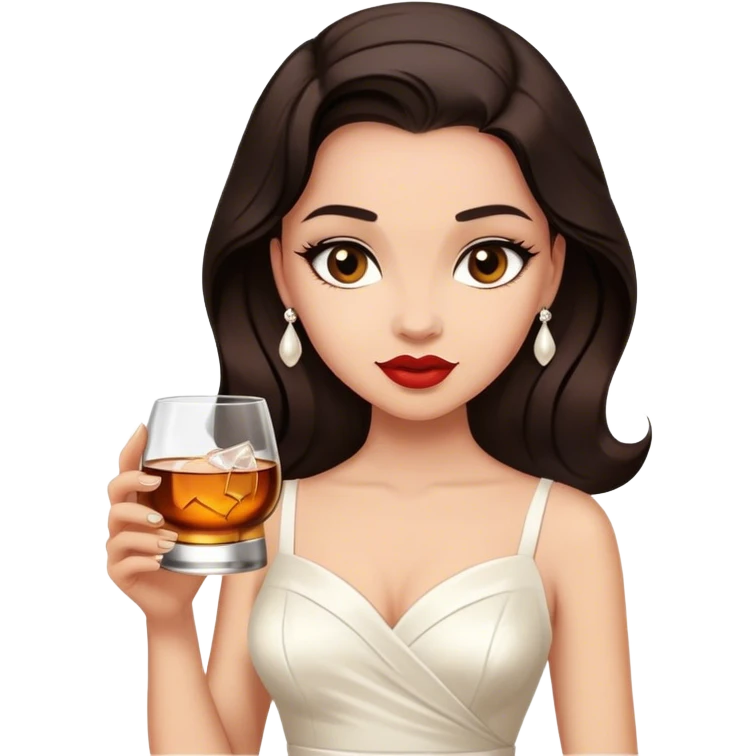 Beautiful woman in 1950’s woman fashion look, white dress, long dark brown hair, whisky with ice emoji