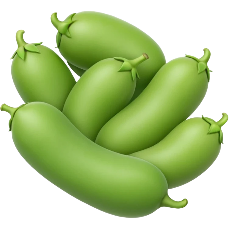realistic fava beans, two or three, bright green, removed from pod, soft curved, smooth matte, plump, fresh, size and contour variation, optional open pod, no bowl, plate, or faces, clean 3D, soft lighting, transparent background, emoji scale emoji